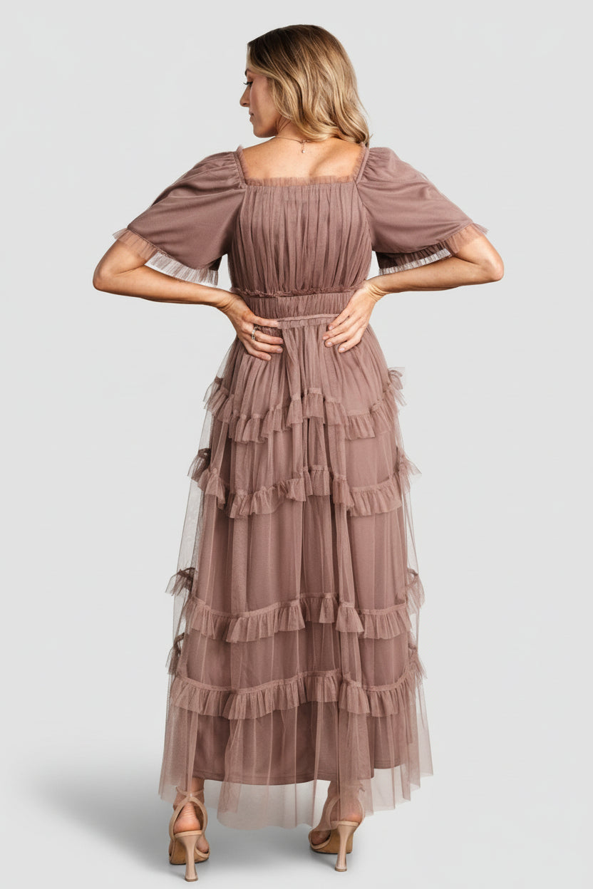 Close-up of Magdalena Tulle Maxi Dress bodice in dusty mink, showing square neckline, ruffle trim, and delicate tulle overlay.
