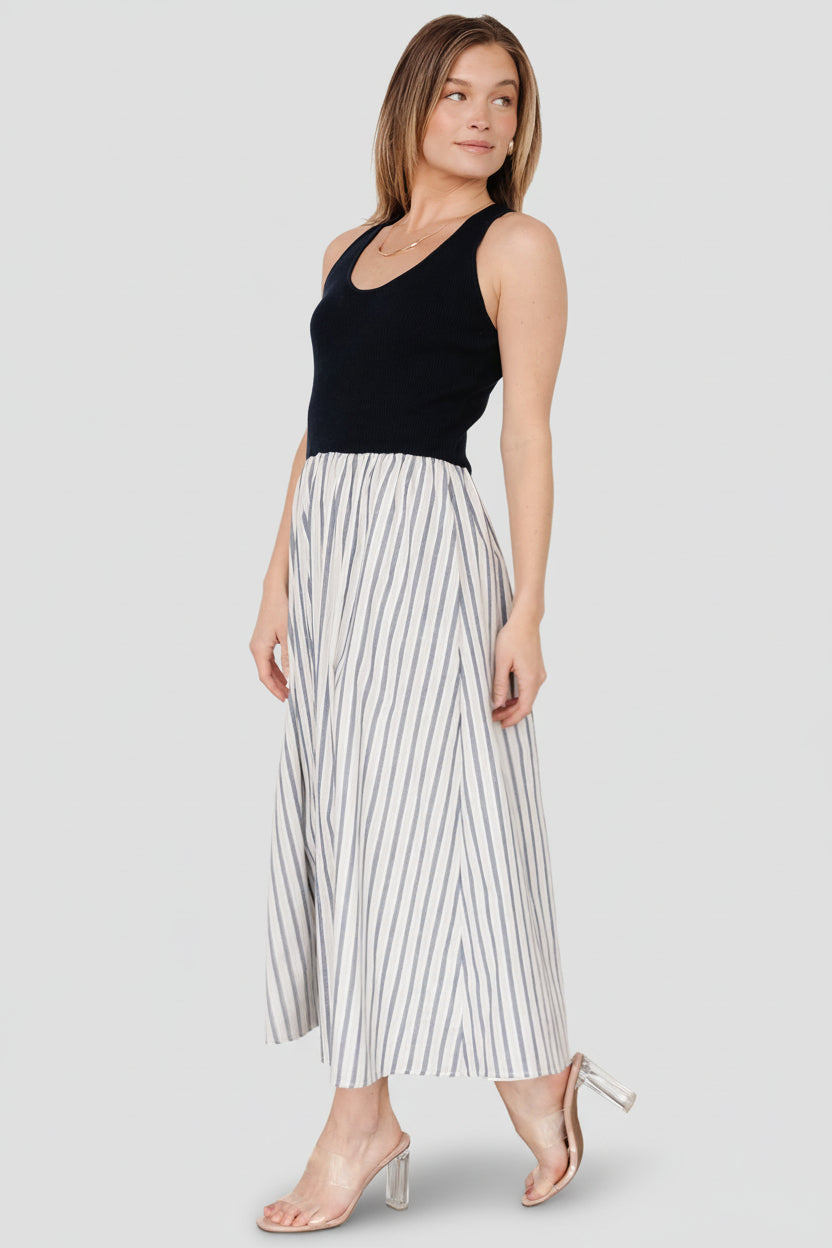 Styled shot of Marbella Tank Midi Dress paired with casual accessories to show everyday wearability and striped pattern detail.