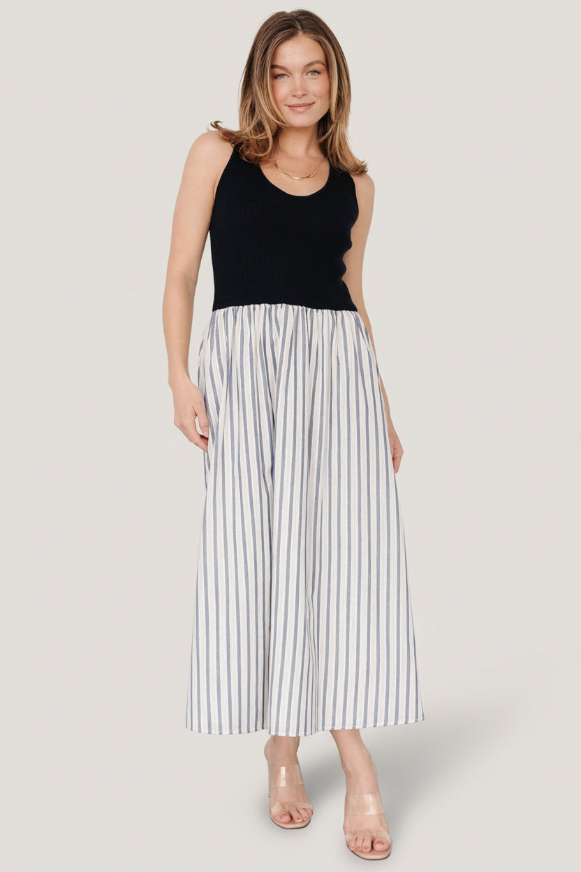 Front view of Marbella Tank Midi Dress in navy, gray, and off-white stripes showing scoop neckline and criss-cross back detail for context.