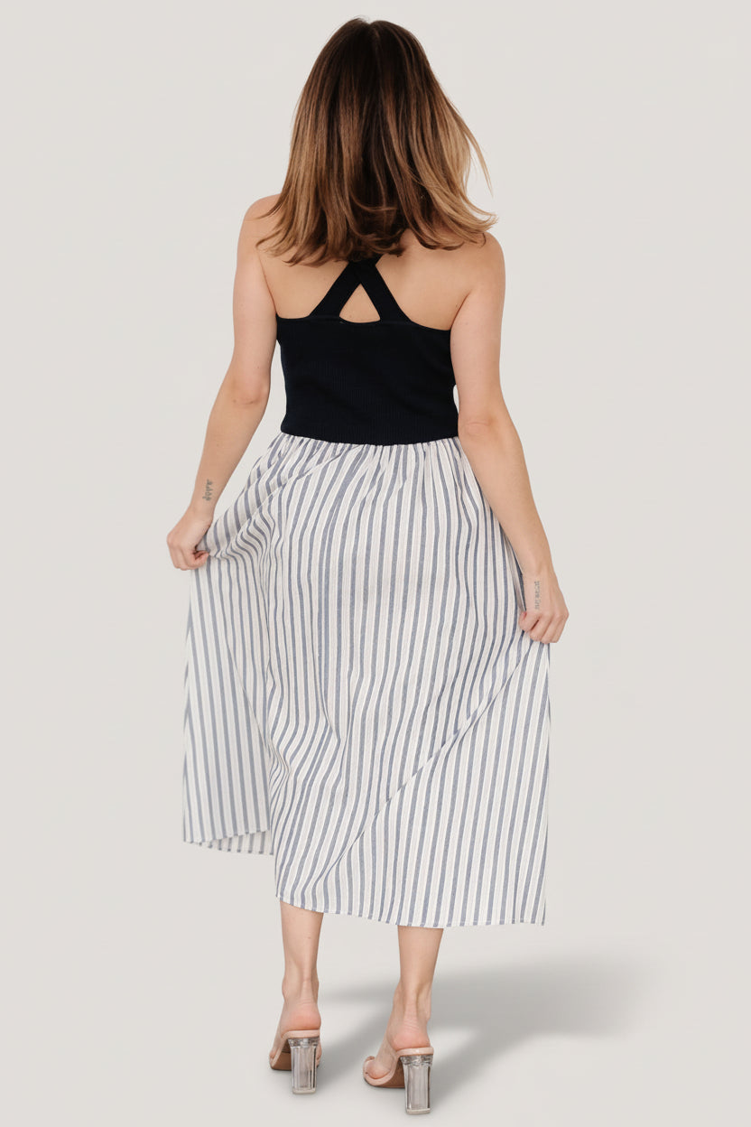 Close-up of Marbella Tank Dress fabric showing navy, gray, and off-white stripes and contrast between ribbed bodice and cotton-blend skirt.