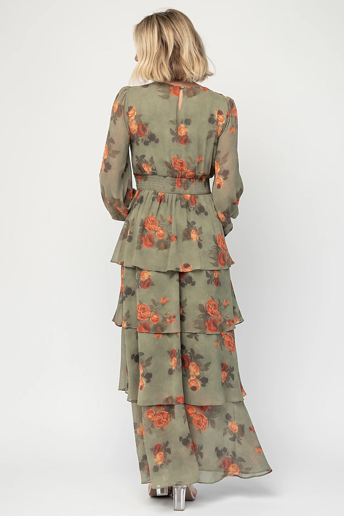 Mariella Tiered Maxi Dress in Dark Sage Floral with V-neckline, long puff sleeves, smocked back, and cascading ruffles.