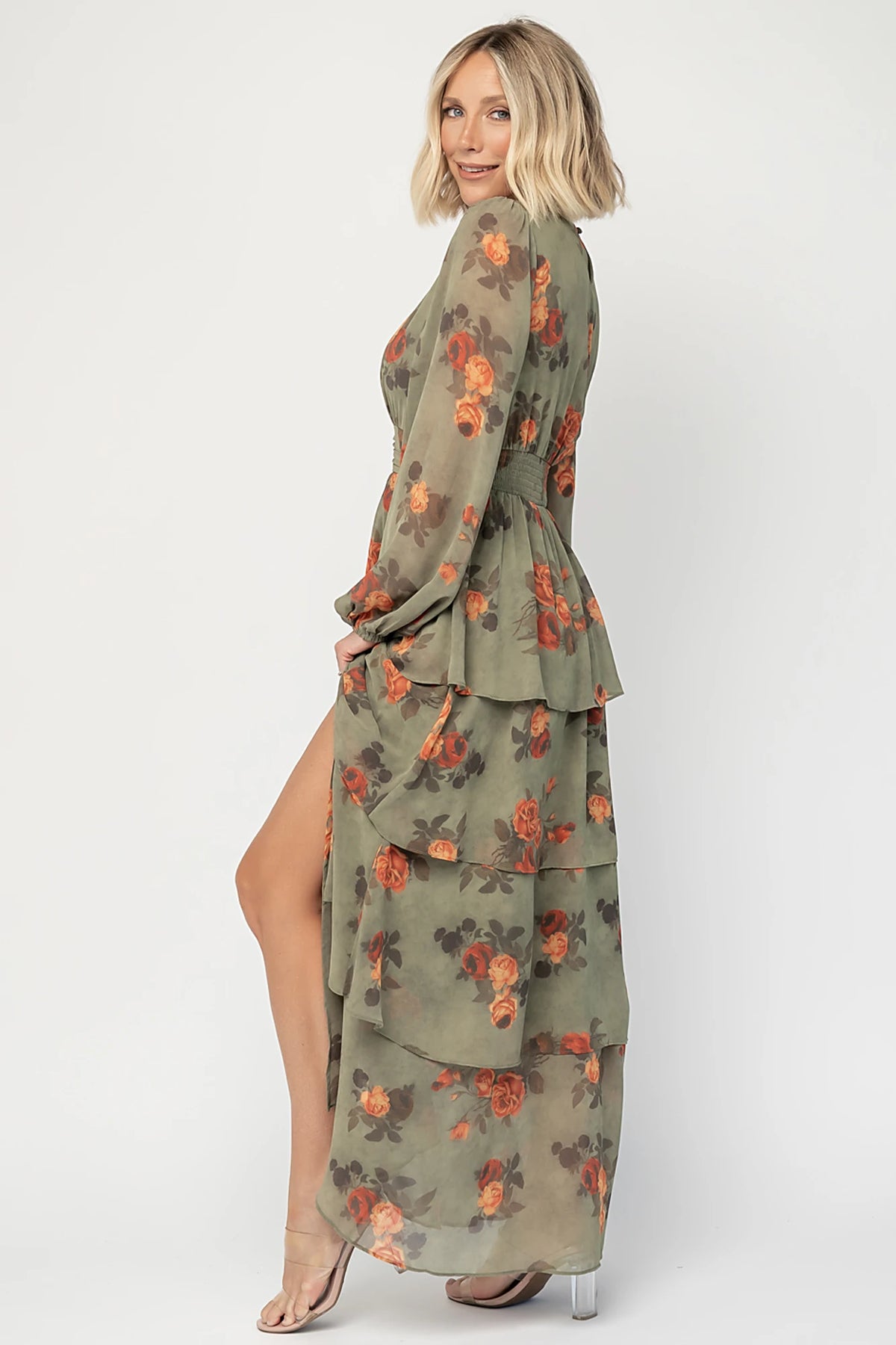Mariella Tiered Maxi Dress in Dark Sage Floral with V-neckline, long puff sleeves, smocked back, and cascading ruffles.