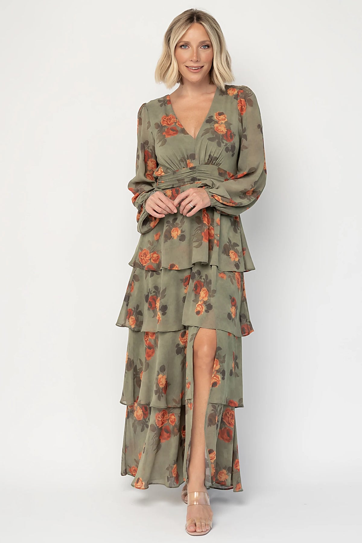 Mariella Tiered Maxi Dress in Dark Sage Floral with V-neckline, long puff sleeves, smocked back, and cascading ruffles.