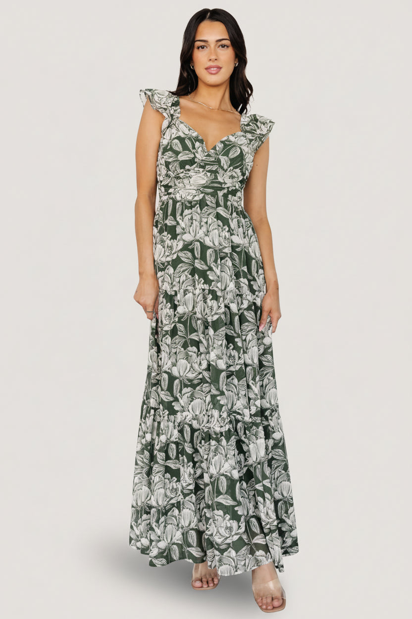 Front view of Martina Maxi Dress in green and white floral chiffon, showing V-neck, gathered bust, and three-tiered skirt for length and movement.