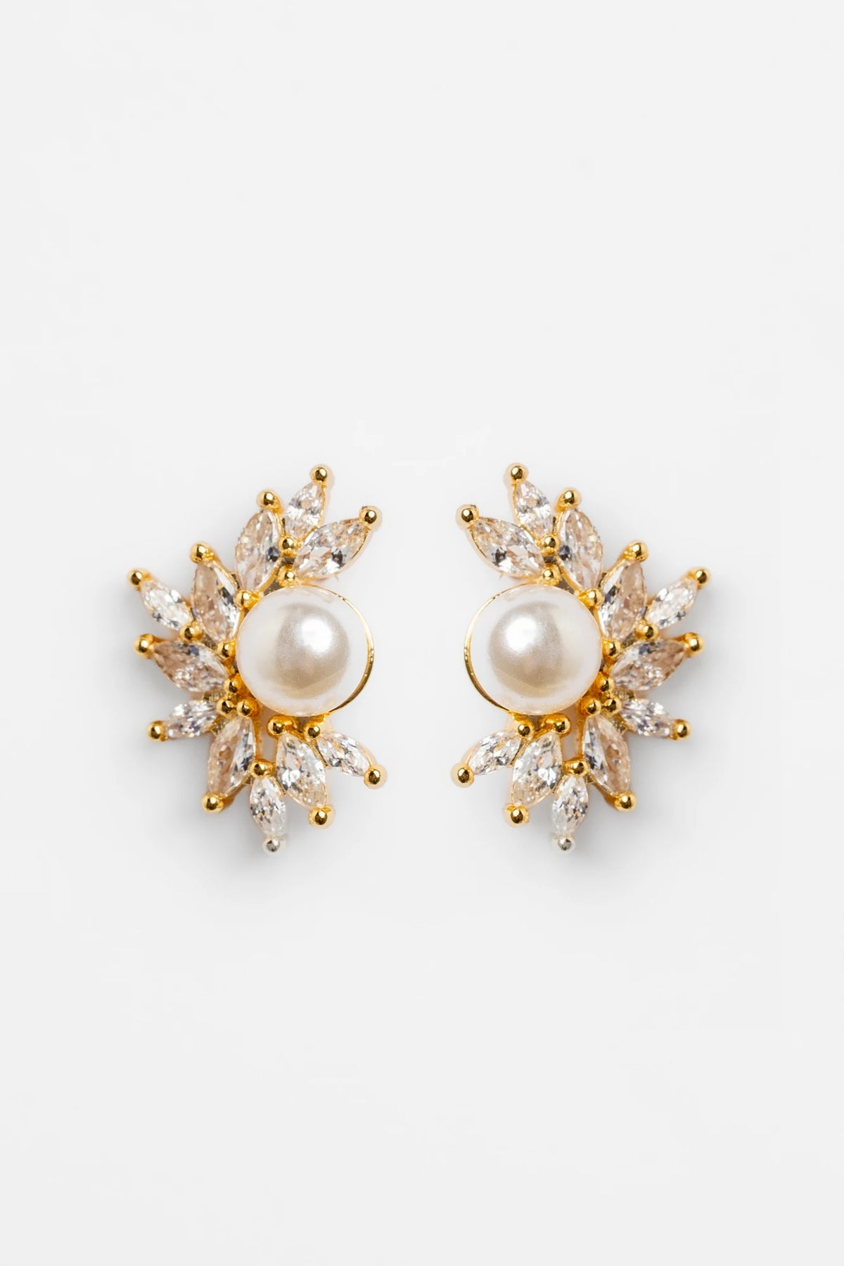 Maryana Pearl Statement Stud Earrings in Gold with marquise-cut cubic zirconia and faux pearl center.