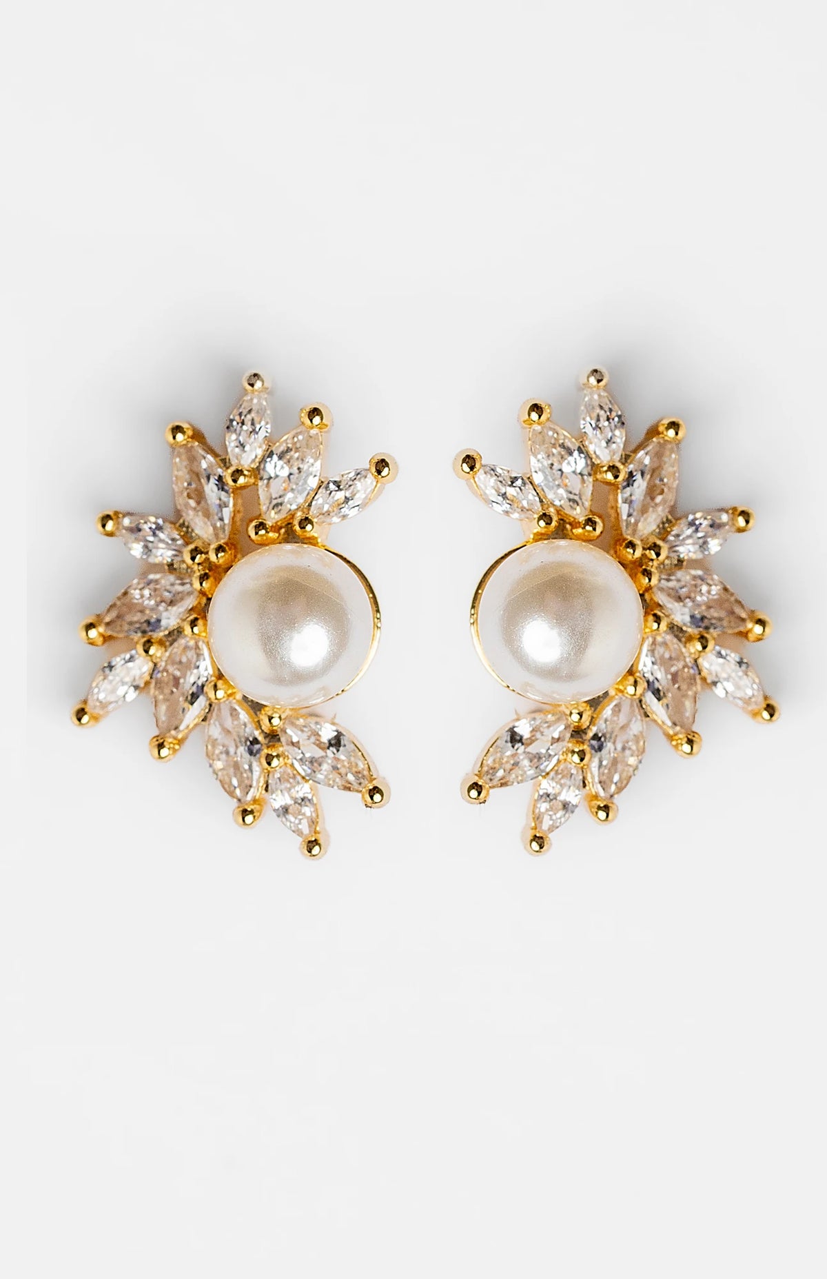 Maryana Pearl Statement Stud Earrings in Gold with marquise-cut cubic zirconia and faux pearl center.