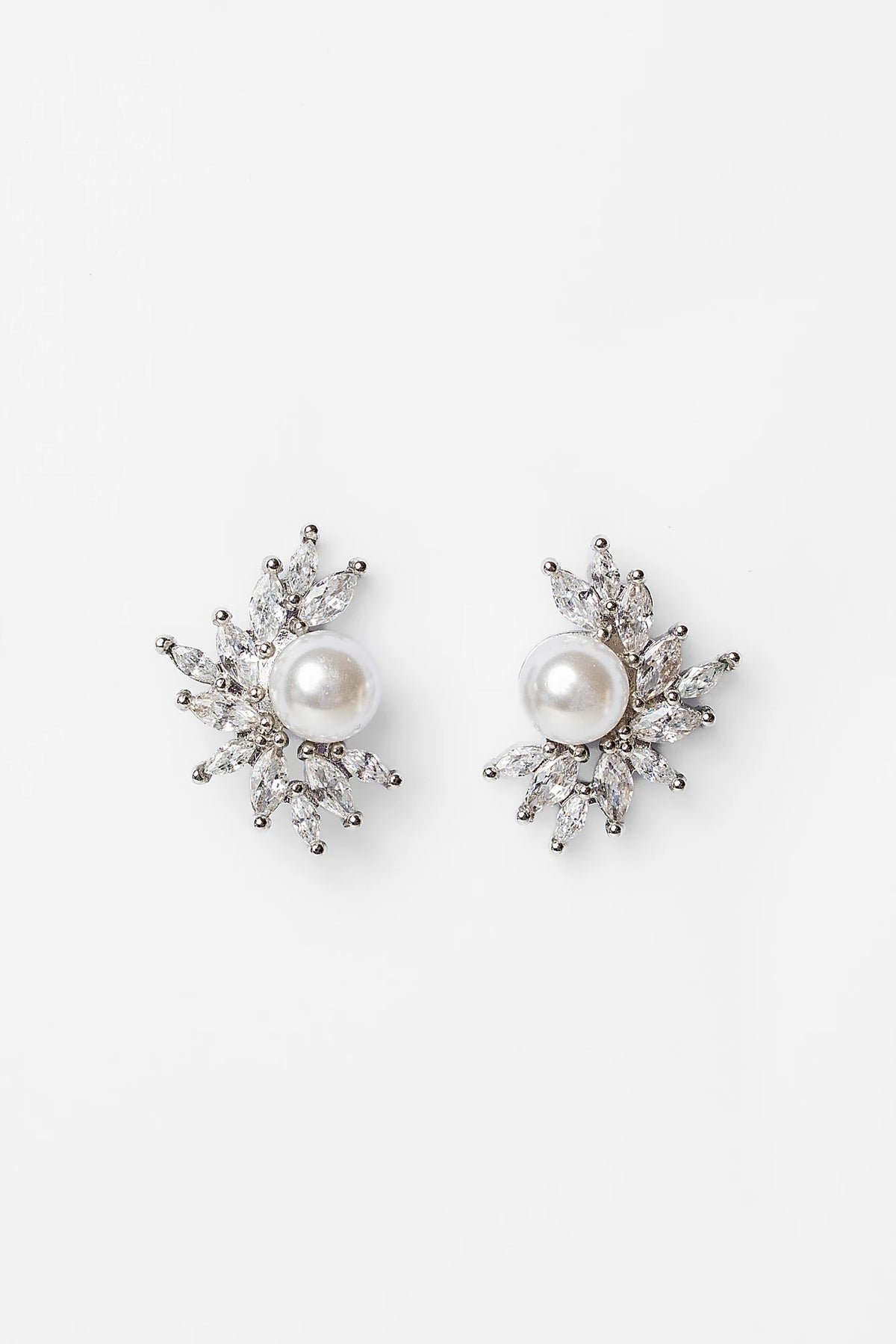 Maryana Pearl Statement Stud Earrings in Silver with marquise-cut cubic zirconia and faux pearl center.