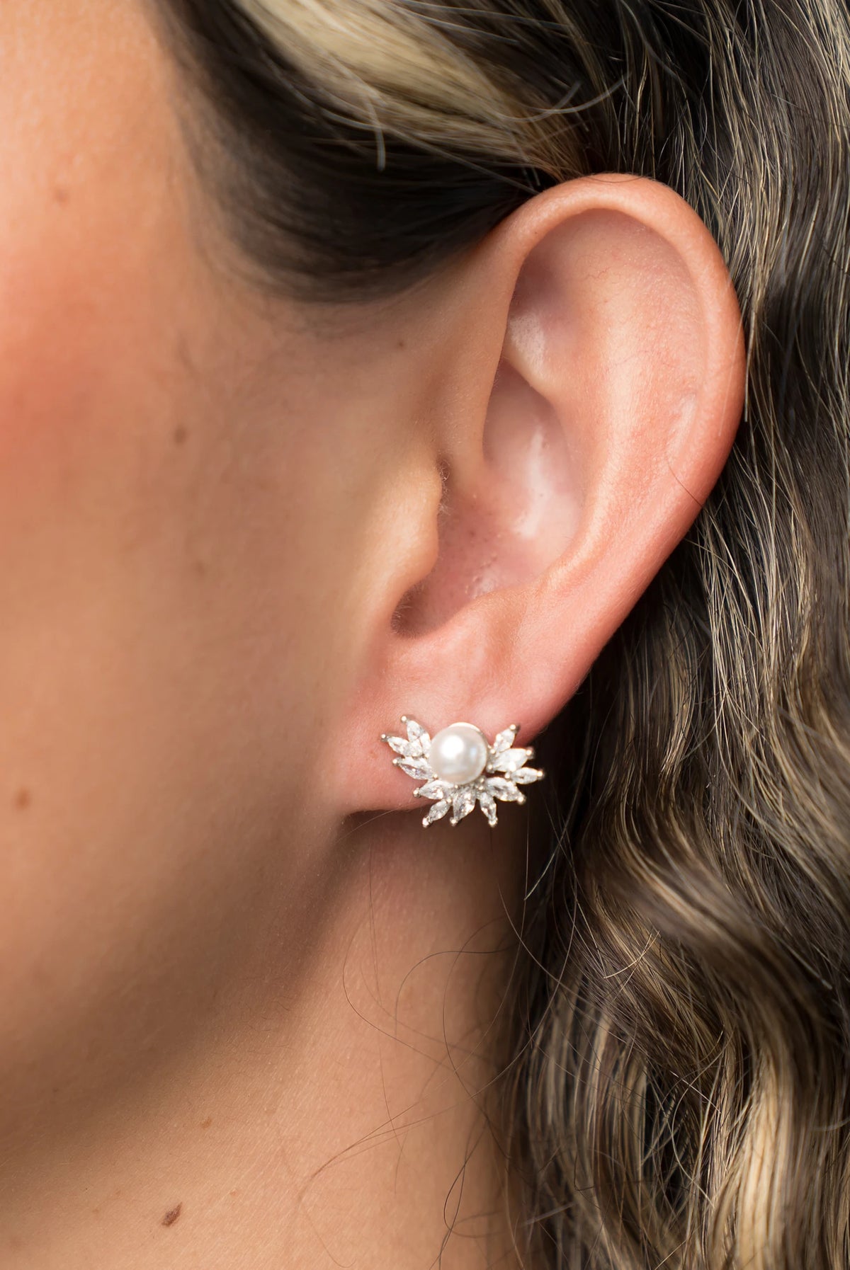 Maryana Pearl Statement Stud Earrings in Silver with marquise-cut cubic zirconia and faux pearl center.