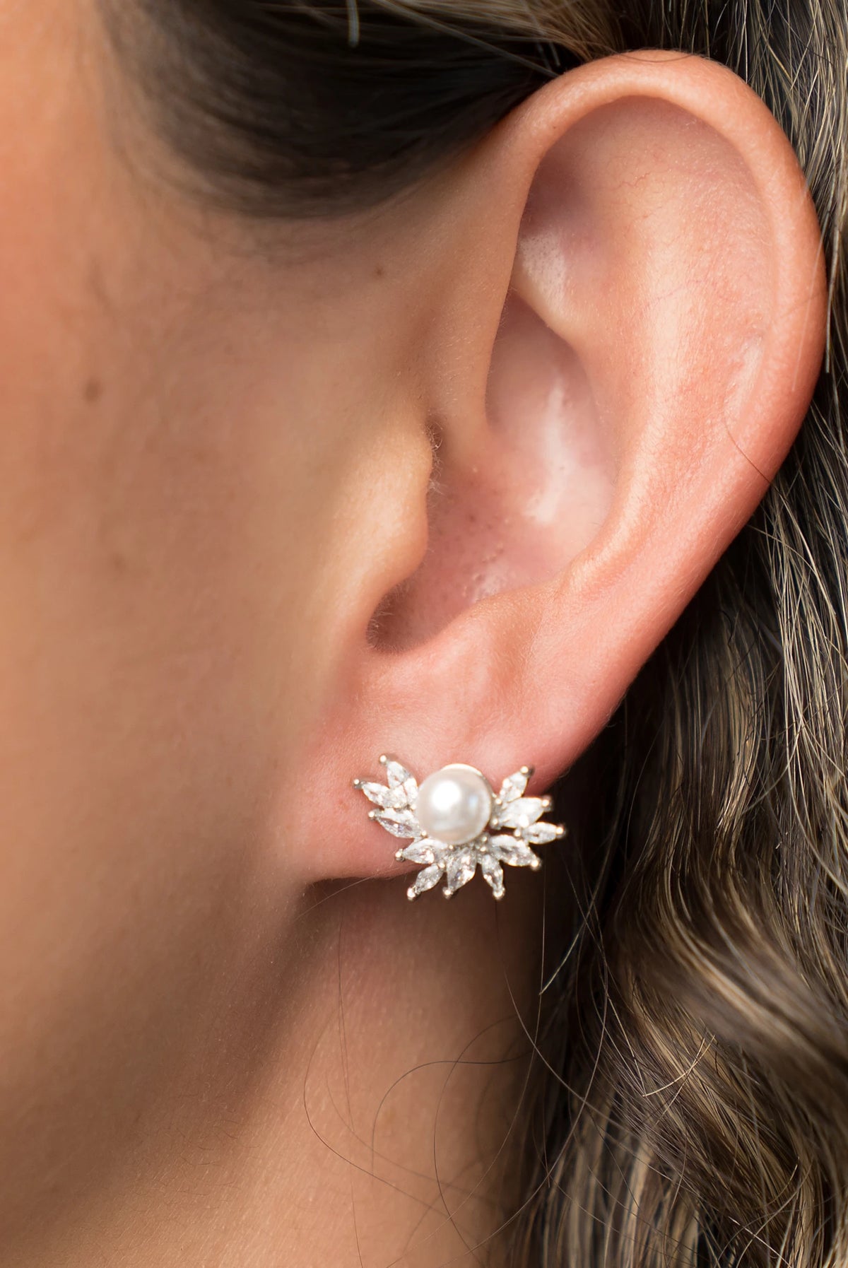 Maryana Pearl Statement Stud Earrings in Silver with marquise-cut cubic zirconia and faux pearl center.