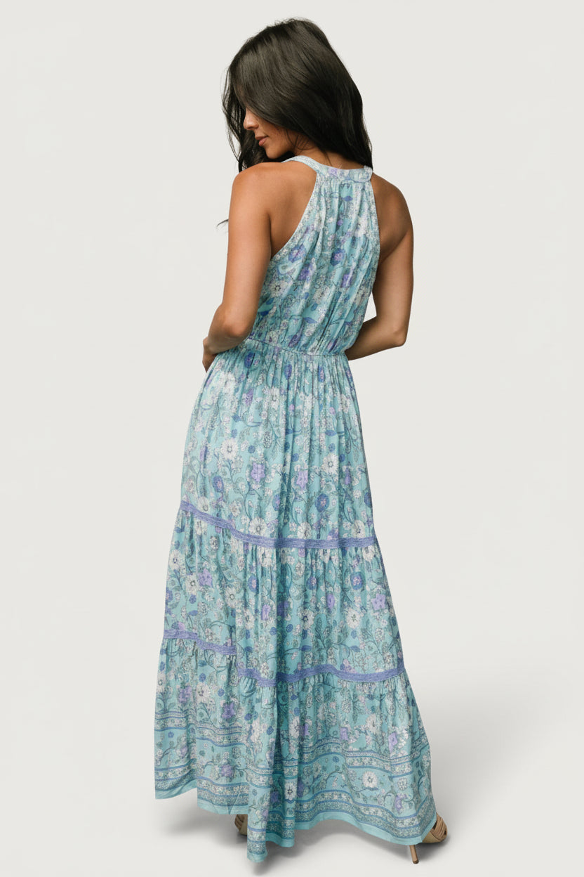 Meline Button Front Maxi Dress | Light Blue Multi