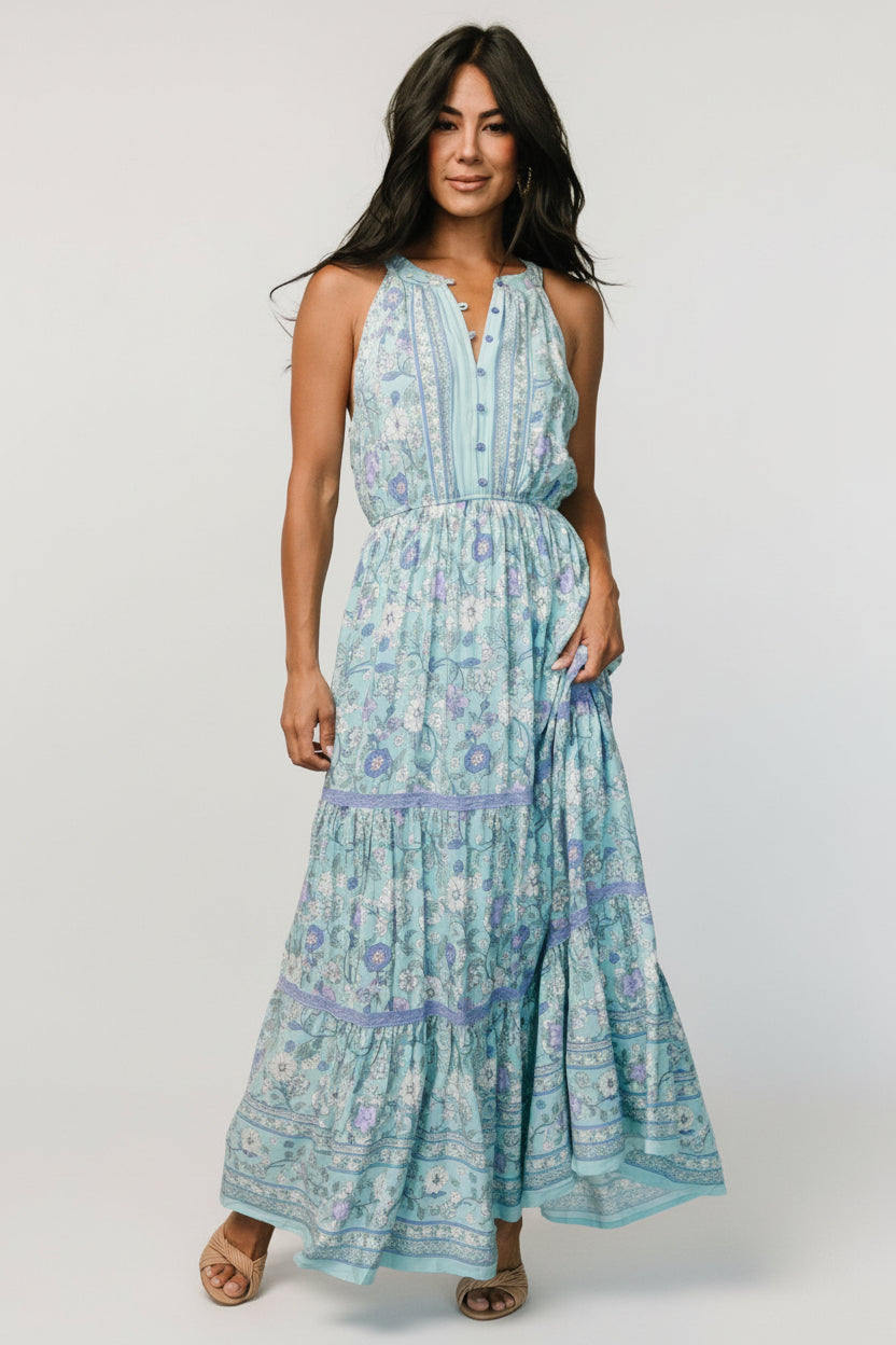 Meline Button Front Maxi Dress | Light Blue Multi