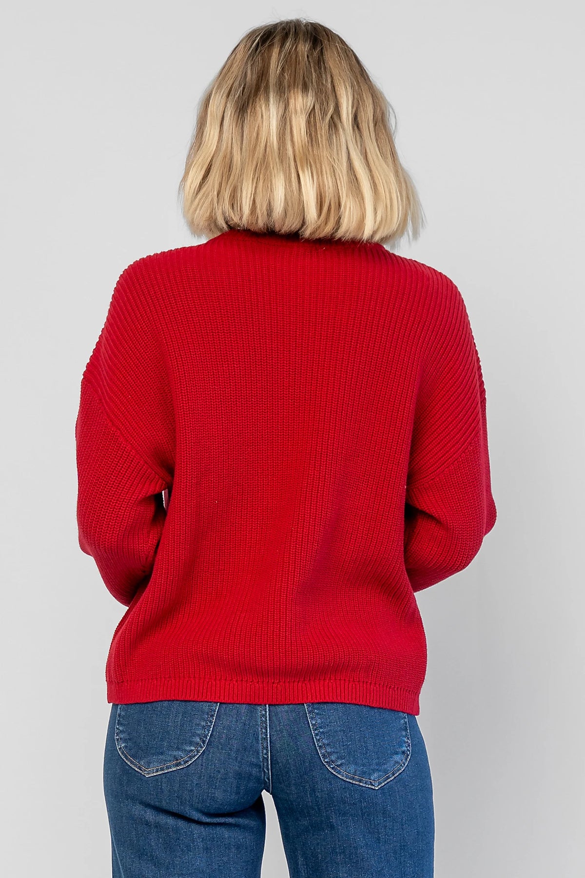Merry Sweater in Red + Off White with a crew neckline, soft knit fabric, and embroidered Merry & Bright graphic.