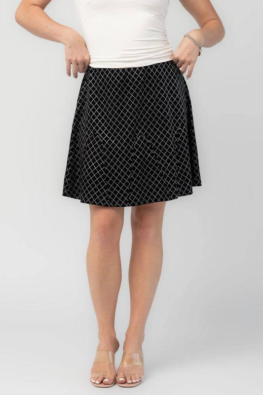 Michelle Flare Skirt in Black with rhinestone embellishments, elastic waistband, and flared silhouette.
