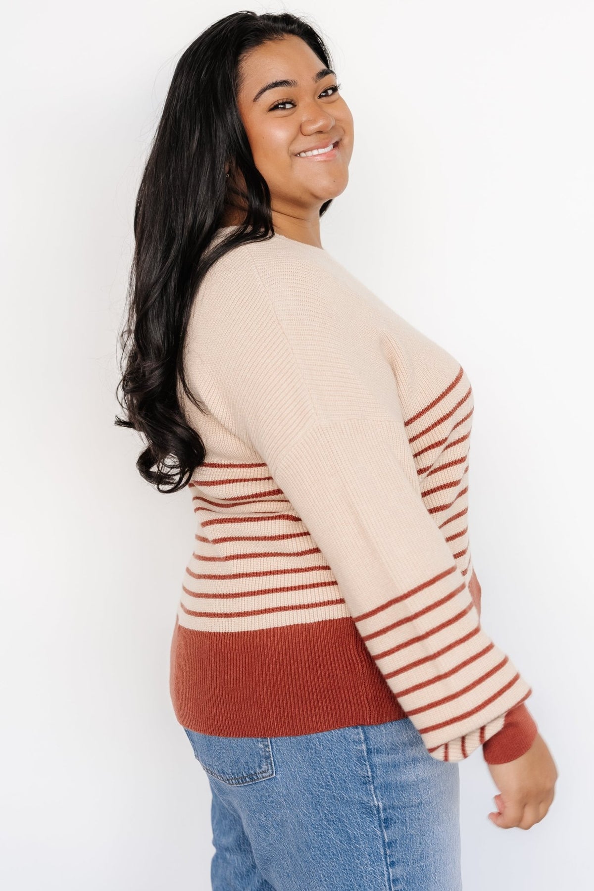Miles Striped Sweater | Taupe + Marsala