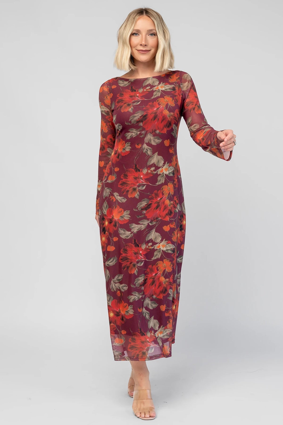 Miley Mesh Dress in Burgundy Floral with a round neckline, long sleeves, and a soft stretchy mesh fabric.