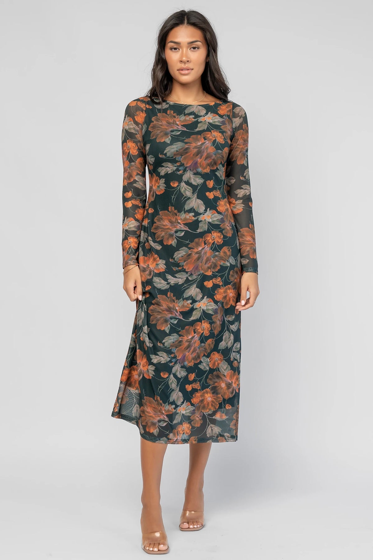 Miley Mesh Dress in Topaz Floral with round neckline, long sleeves, soft mesh fabric, and fitted silhouette.