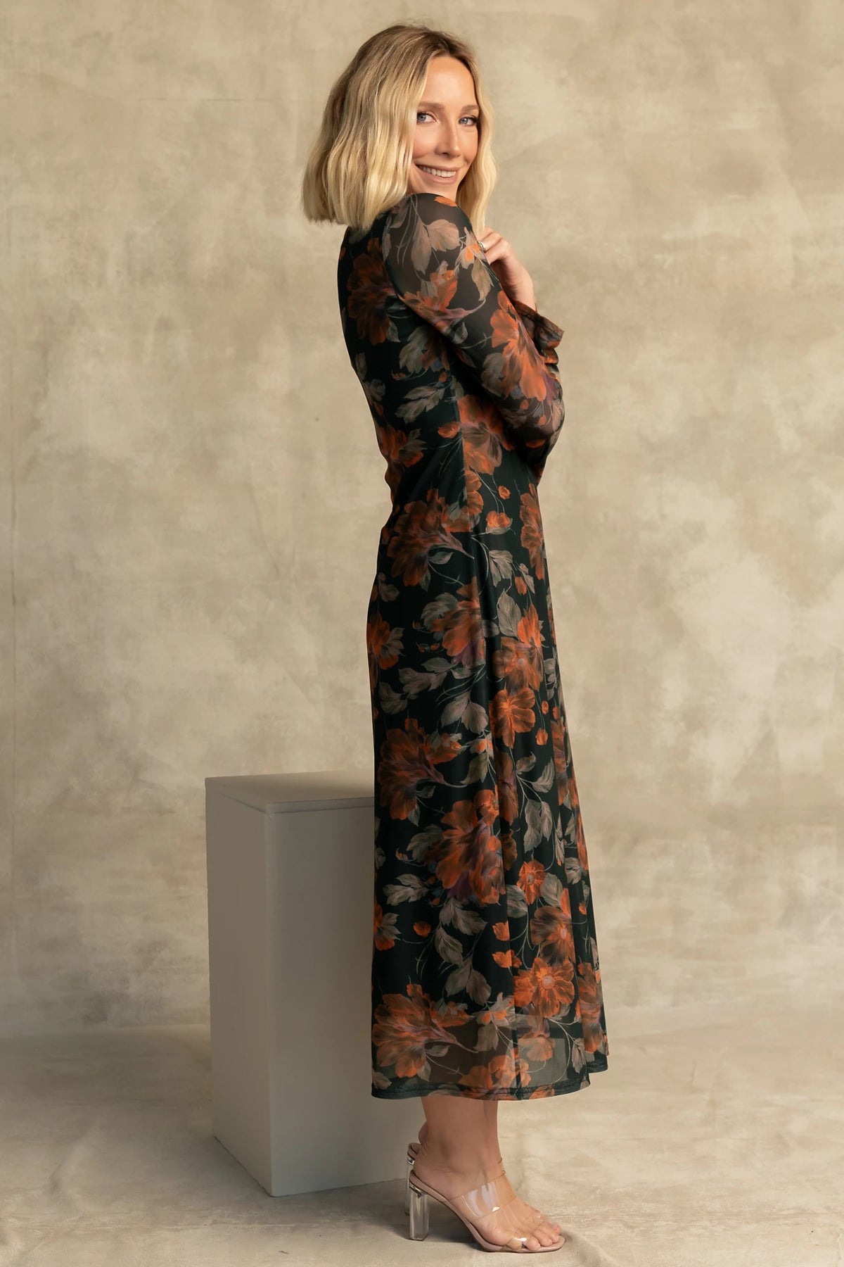 Miley Mesh Dress in Topaz Floral with round neckline, long sleeves, soft mesh fabric, and fitted silhouette.