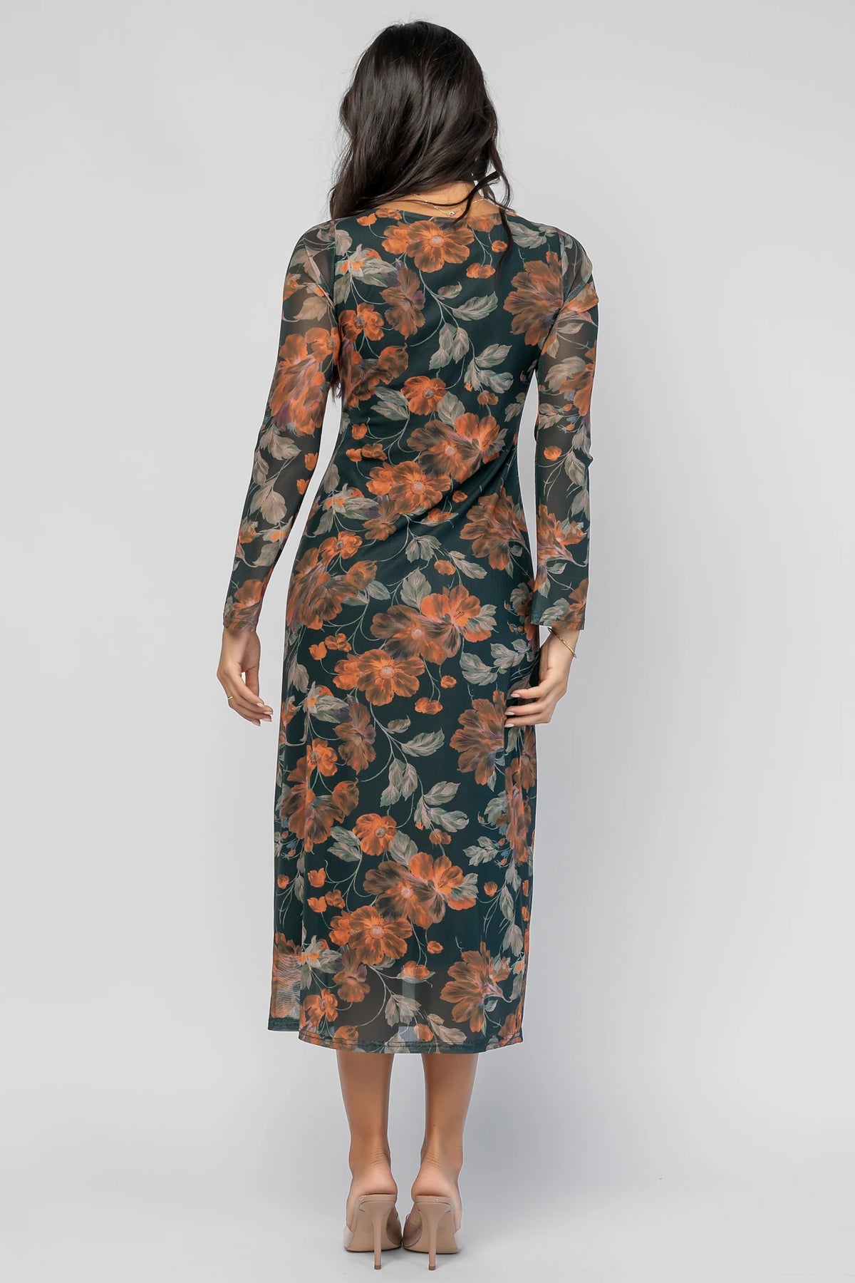 Miley Mesh Dress in Topaz Floral with round neckline, long sleeves, soft mesh fabric, and fitted silhouette.