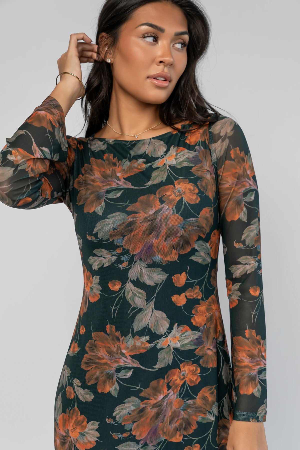 Miley Mesh Dress in Topaz Floral with round neckline, long sleeves, soft mesh fabric, and fitted silhouette.
