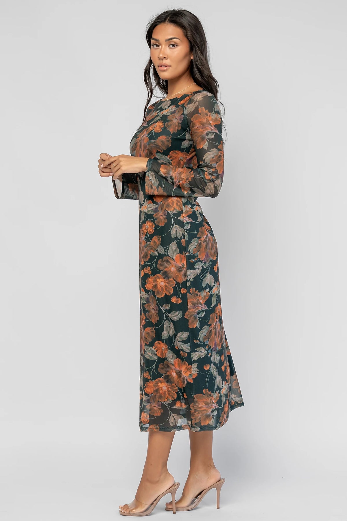 Miley Mesh Dress in Topaz Floral with round neckline, long sleeves, soft mesh fabric, and fitted silhouette.