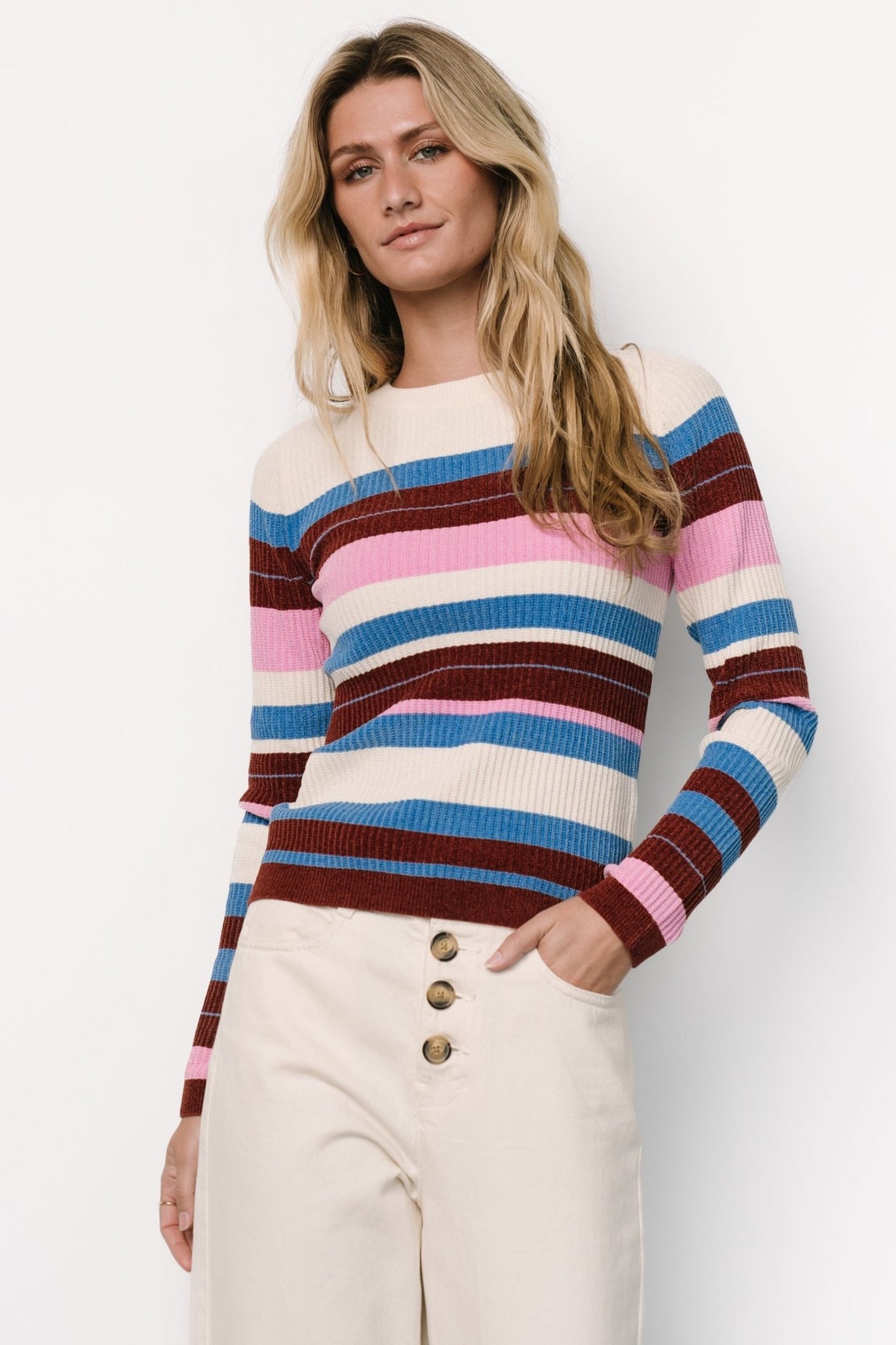 Back and side view of orchid multi striped sweater illustrating sleeve fit, hem length, and overall silhouette on a model.