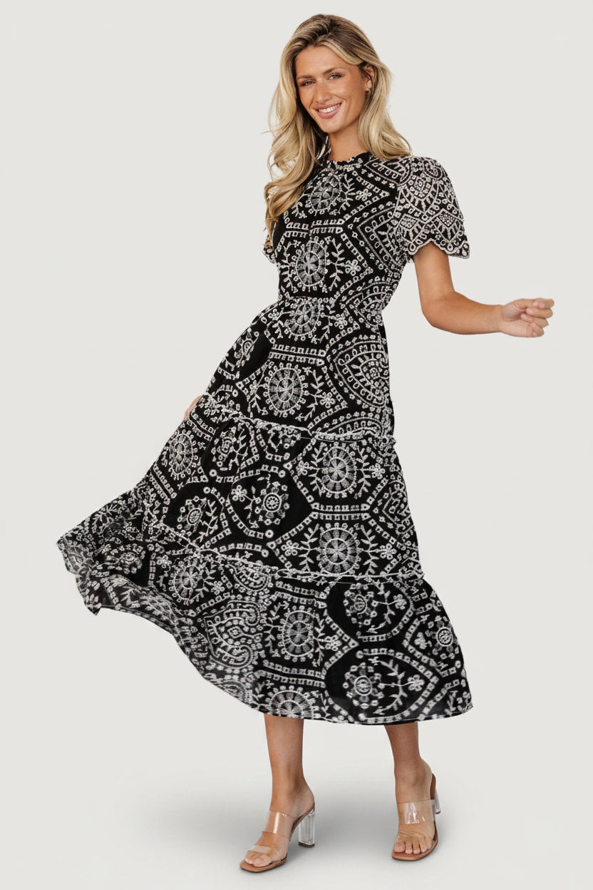 Side view of Mirabel dress showing hidden side pocket, elastic waist detail, and tiered midi skirt with ruffle trims.