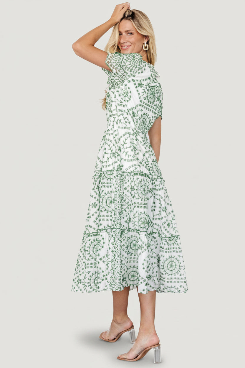Styled outfit view of Mirabel eyelet midi dress paired with casual footwear, displaying overall silhouette and length.