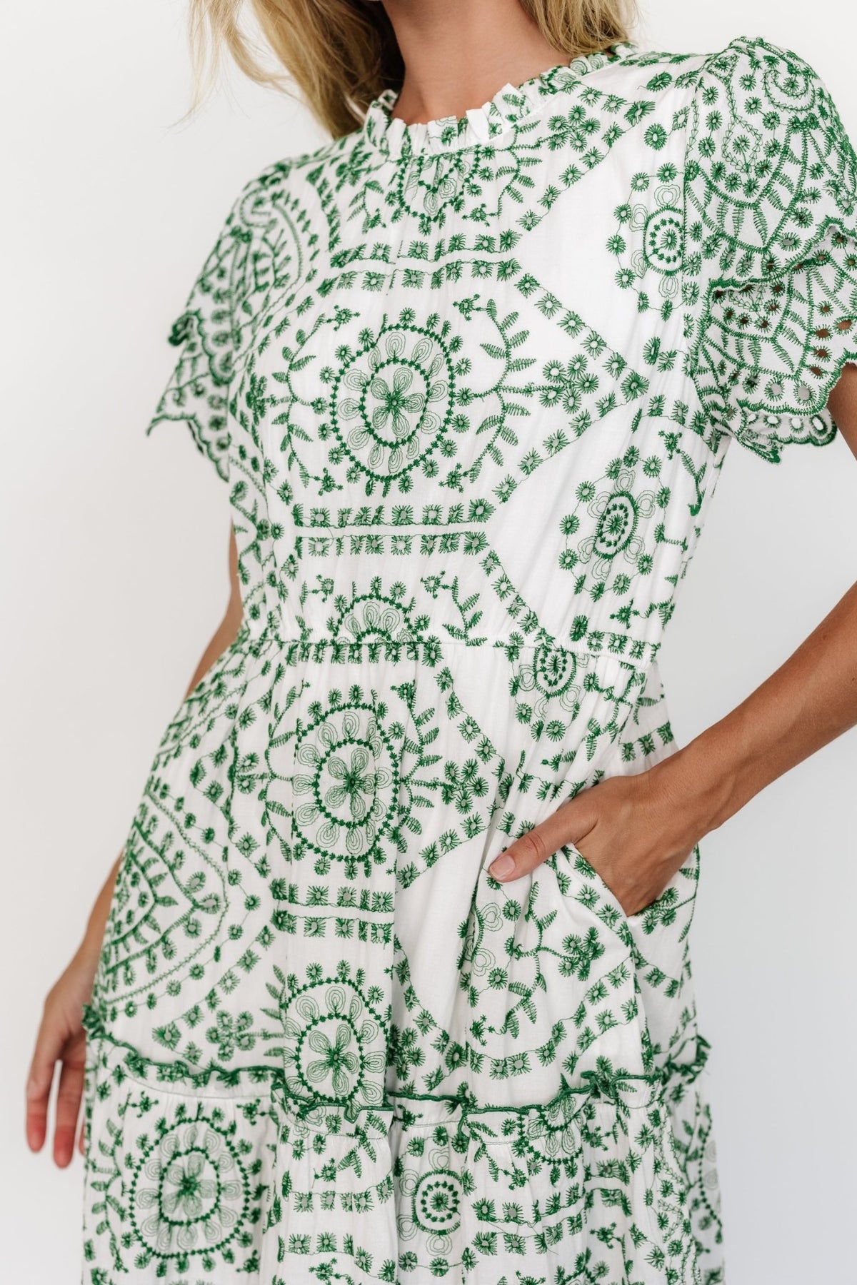 Close-up of embroidered Kelly green eyelet on white cotton fabric, highlighting scalloped sleeve edges and dense stitch detail.
