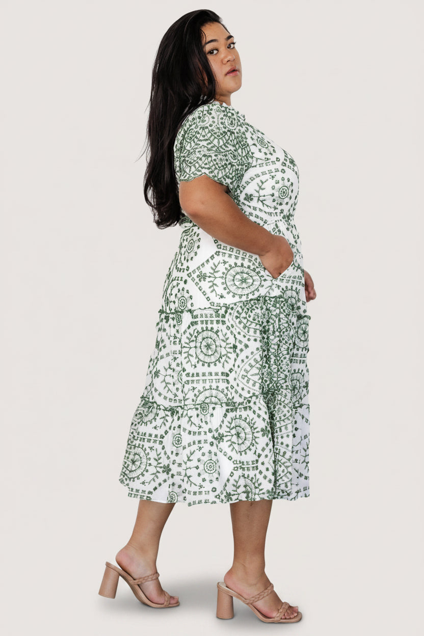 Detail of tiered skirt and ruffle trims on the Mirabel eyelet midi dress, showing fabric texture and embroidery pattern.