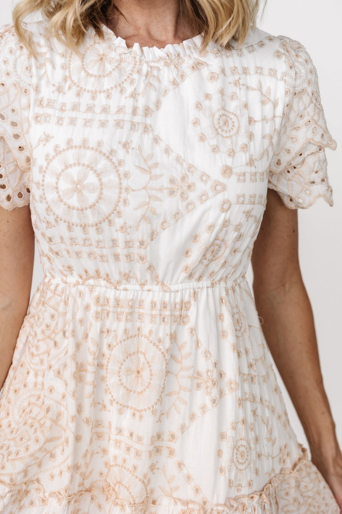 Three-quarter view showing embroidered eyelet detail, layered scallop sleeves, keyhole back closure, and hidden side pockets on the white midi dress.