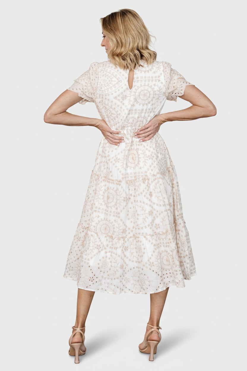 Back view highlighting the keyhole button closure at the neckline, ruffle trim, and how the tiers fall on the white embroidered midi dress.