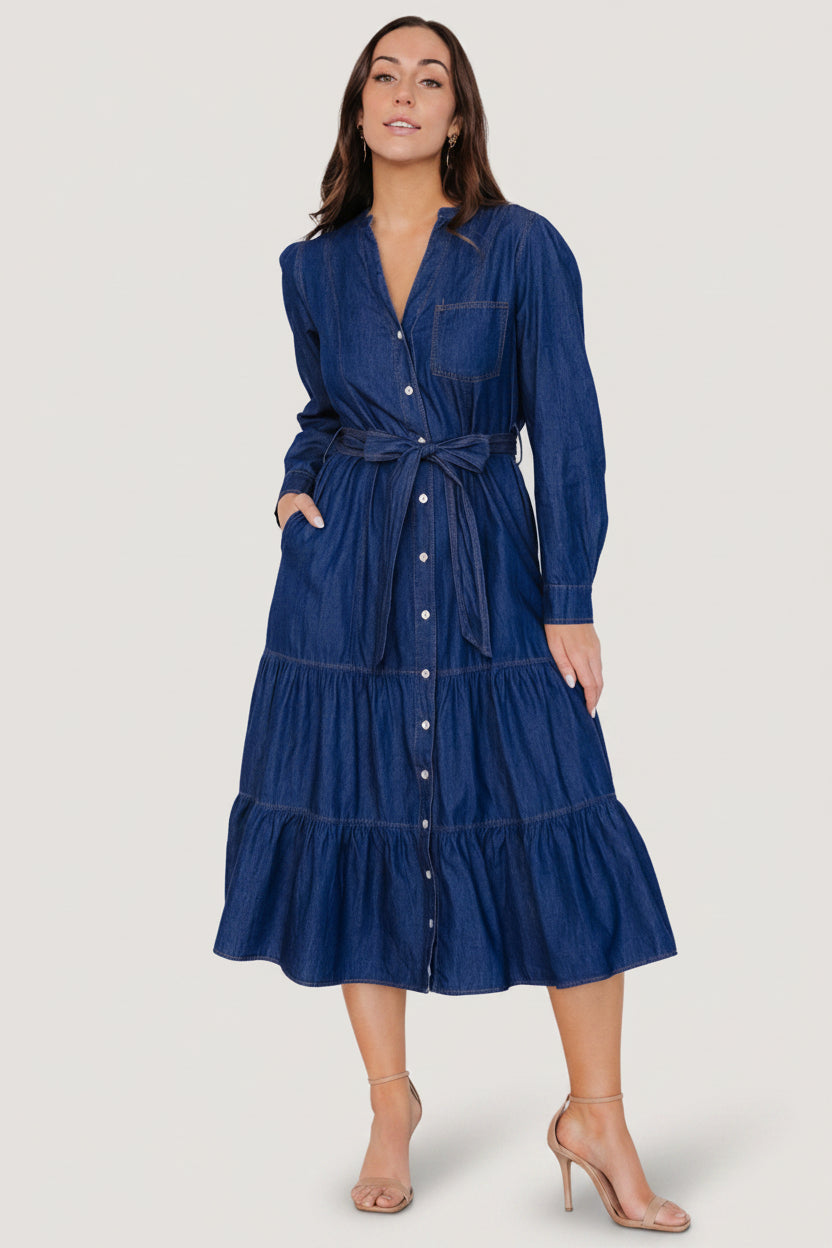 Front view of Misty Midi Dress in denim blue on model, showing notched V-neck, button-front, removable belt.