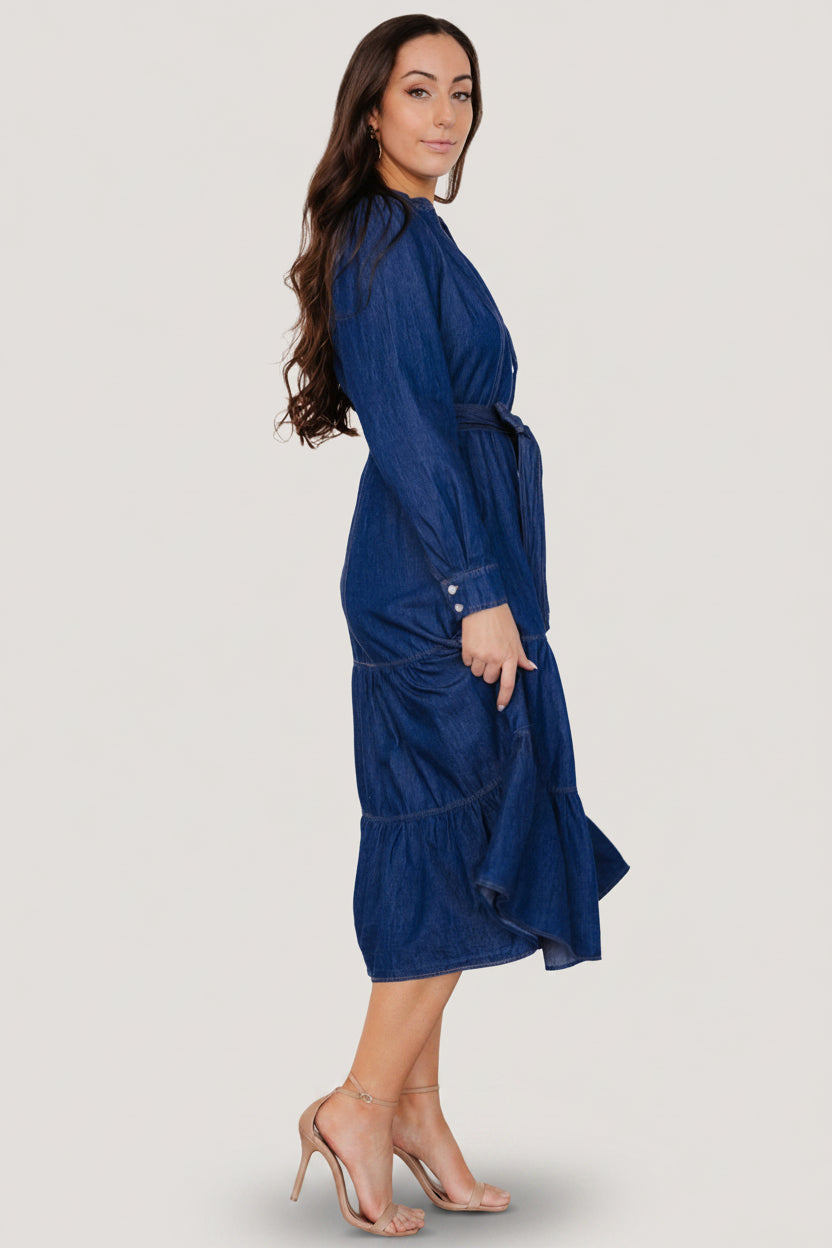 Close-up of cuff and button details on Misty Midi Dress in denim blue, showing dual-button sleeve cuff.