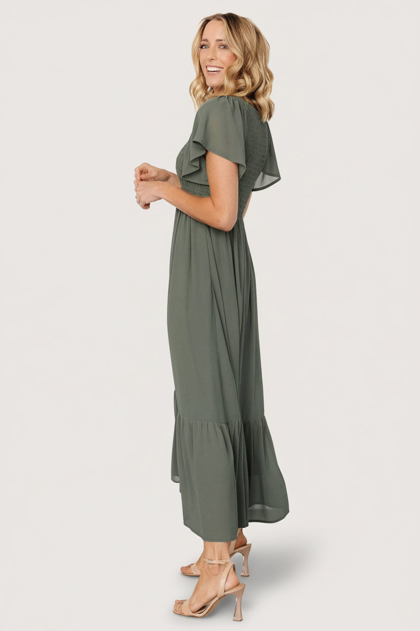 Monica Smocked Dress | Dark Sage
