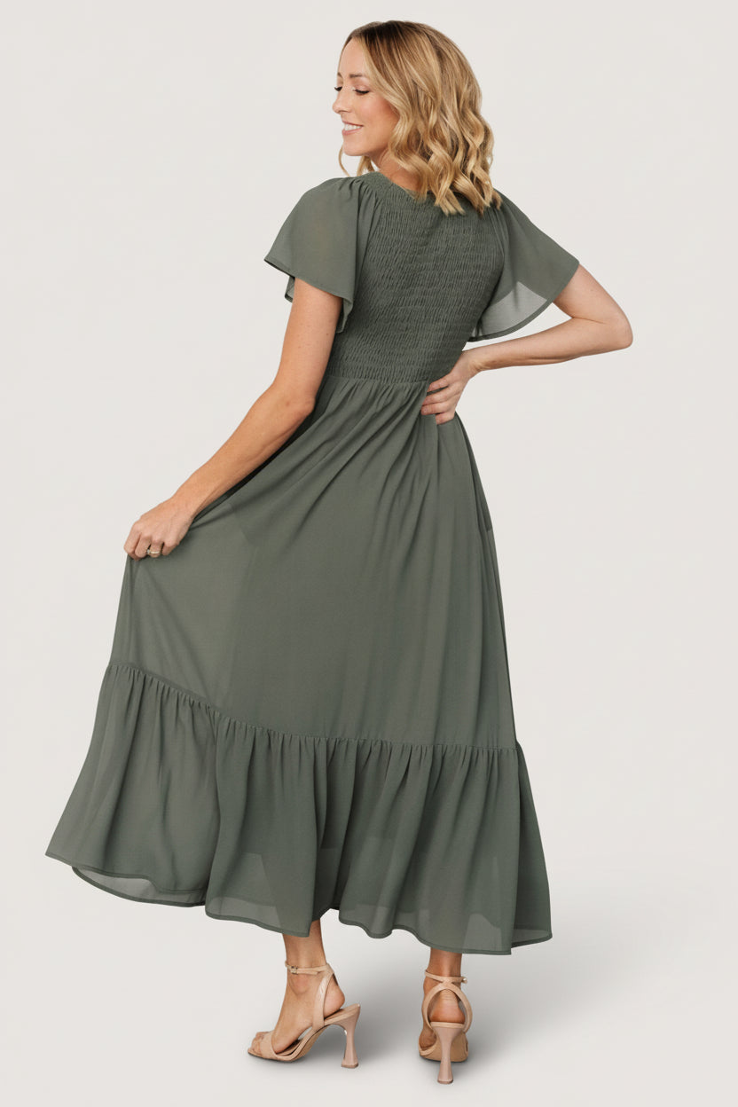 Monica Smocked Dress | Dark Sage