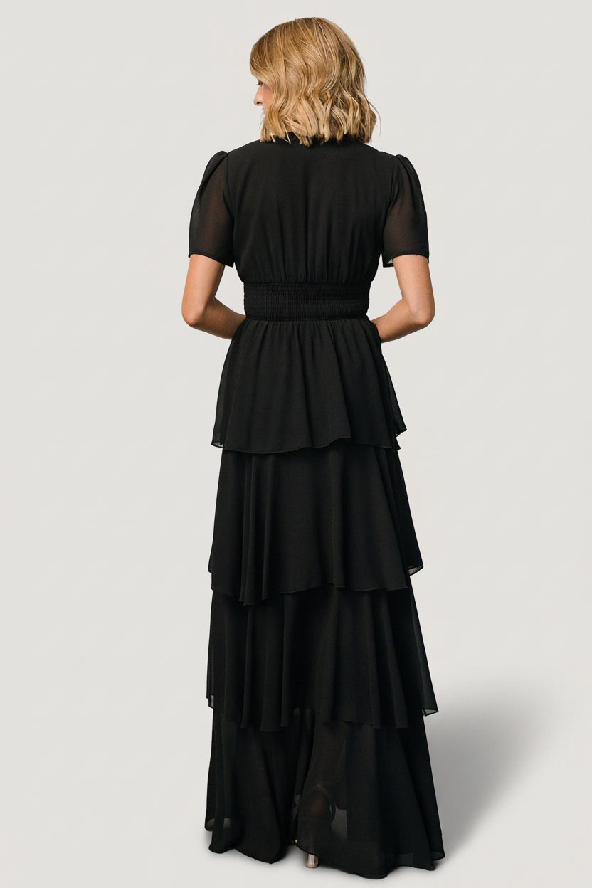 Hem and tier detail of the Montaigne maxi dress highlighting the asymmetrical ruffles and the fullness of the maxi skirt.