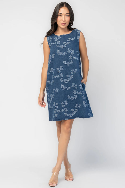 Monterosso Short Dress in Medium Wash Floral with round neckline, tank sleeves, floral print, and relaxed shift silhouette.