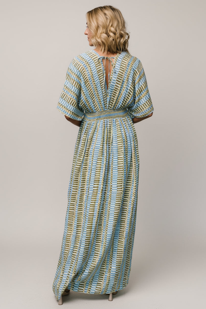Close-up of blue and green multi print and fabric texture on the Mylis Kimono Dress, highlighting the cream base and vibrant pattern.