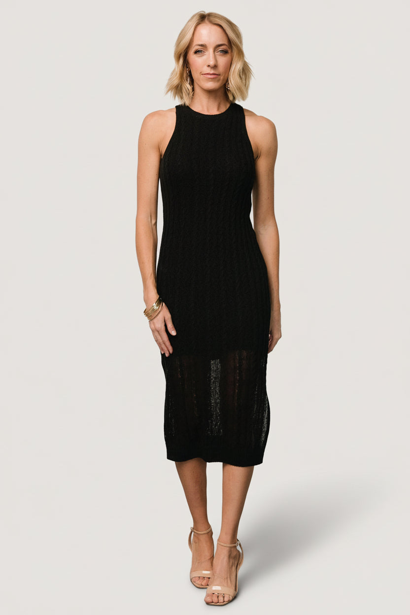 Back and side perspective of the Nalani Knit Tank Dress in black showing clean finish, fitted shaping and mid-length hem.