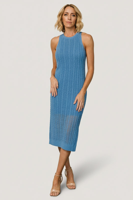 Front view of Nalani cable-knit sleeveless midi dress in bold blue on a mannequin, showing round neckline and sheath fit (close-to-body).