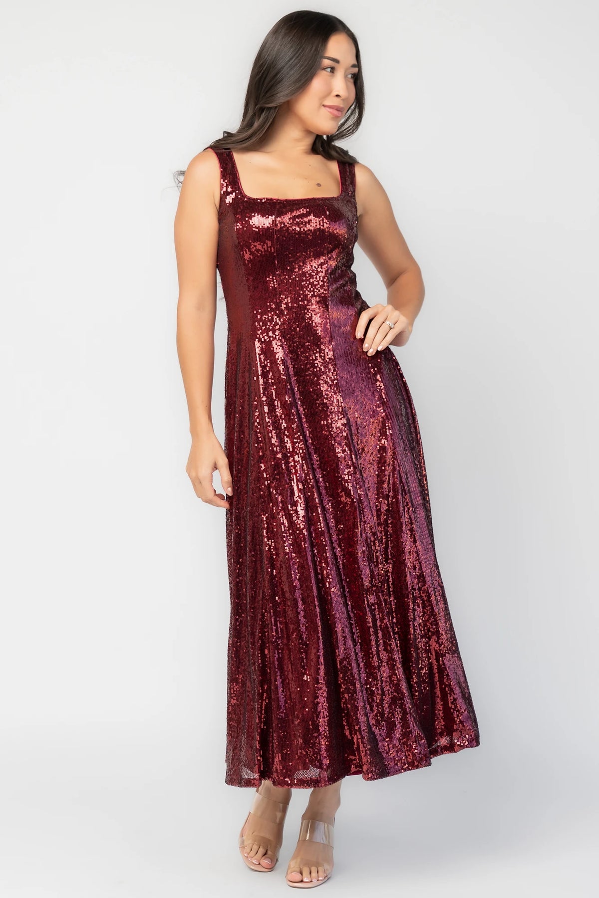 Nell Sequin Dress in Wine with allover shimmering sequins, square neckline, tank sleeves, and structured silhouette.
