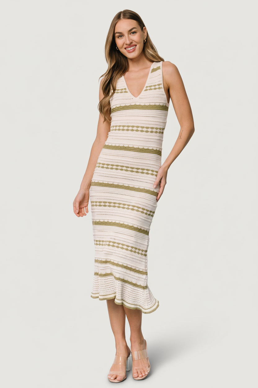Close-up of pointelle knit texture in cream and sage, showing open knit pattern and soft stretch in the fabric.