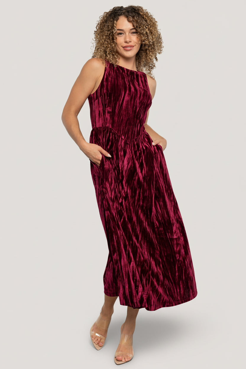 Octavia Velvet Midi Dress in Cranberry with crinkled velvet texture, square neckline, V-waistline, and flared midi skirt.