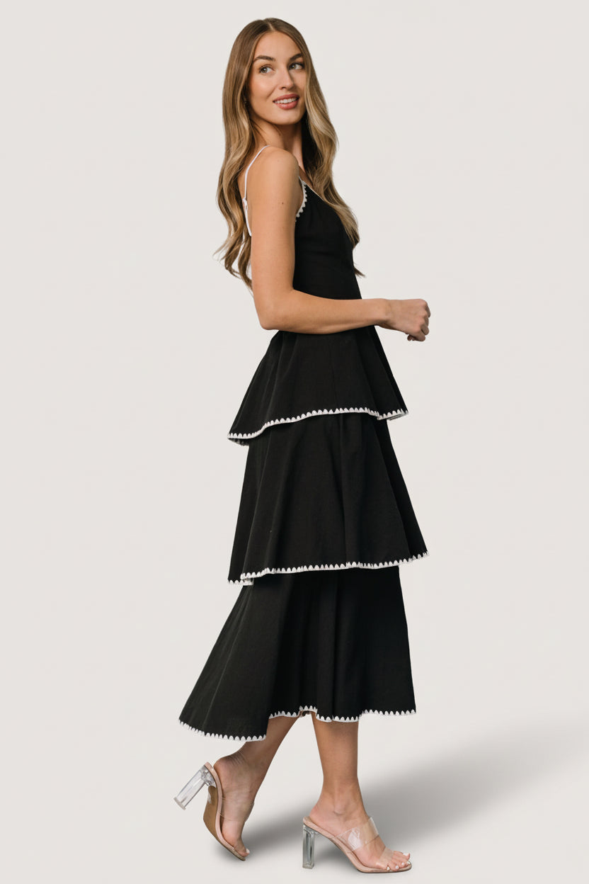 Side view of Odette Tiered midi dress showing overlapping midi tiers and natural movement of the skirt.