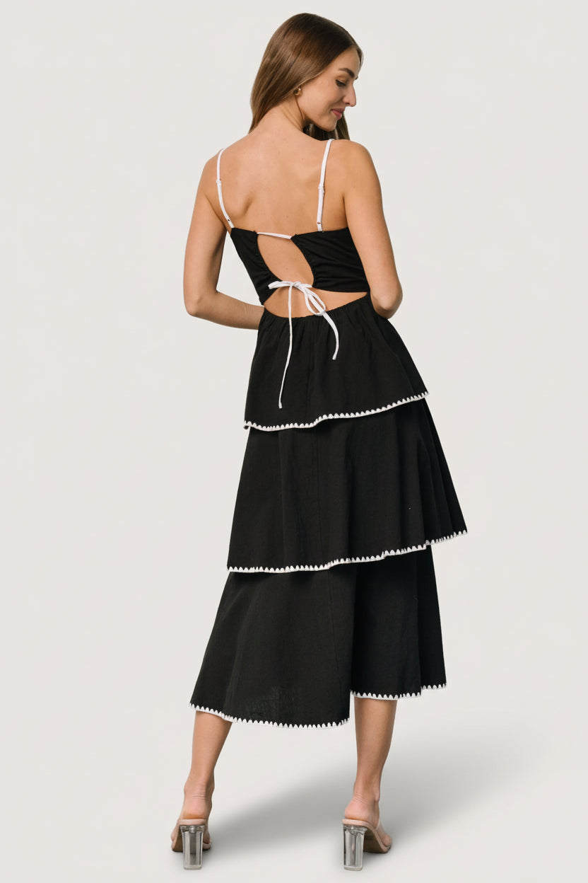 Styled flat-lay of Odette dress accessories suggestion, emphasizing tiered hem and linen-blend texture.