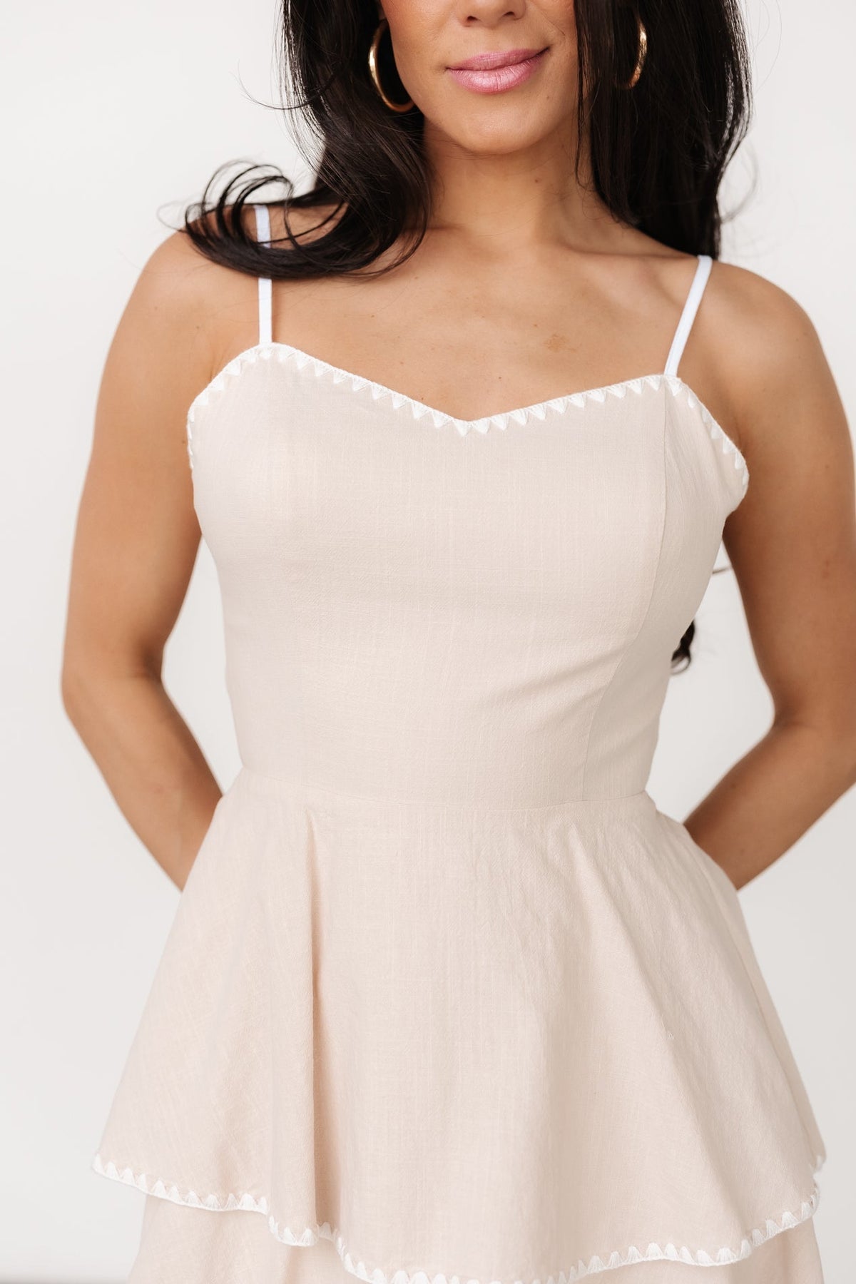 Back view of Odette dress showing open back with drawstring ties and elastic back waist for shaping.
