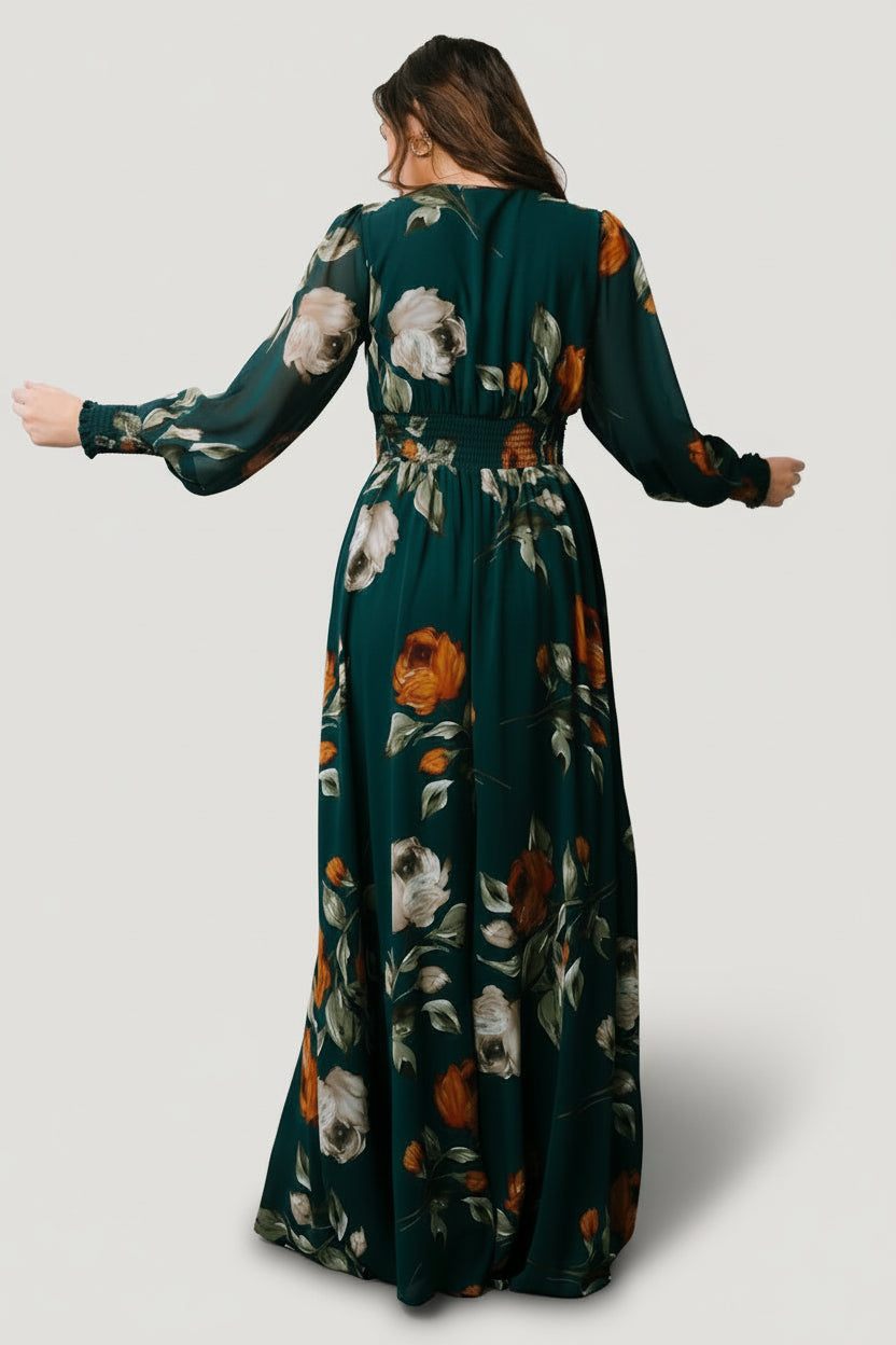 Styled look of Olivia Maxi Dress paired with neutral accessories, showing movement of chiffon and occasion styling.