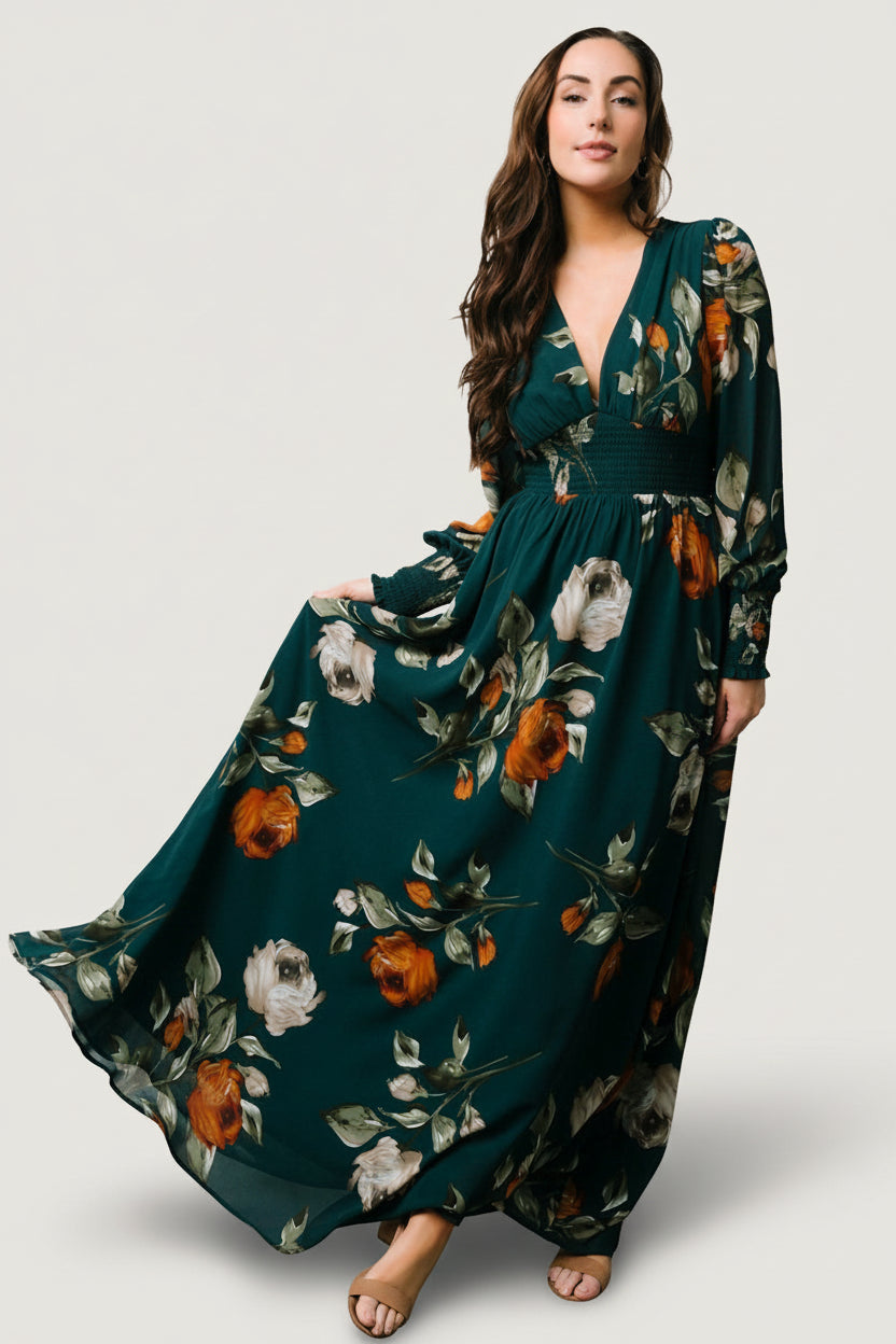 Close-up of floral print and chiffon texture on the Olivia Maxi Dress, highlighting the sage and rust floral pattern and drape.