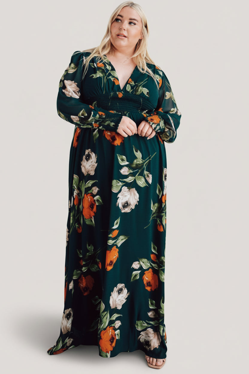 Back view of Olivia Maxi Dress showing full skirt, lining and length of the maxi silhouette in deep topaz floral chiffon.