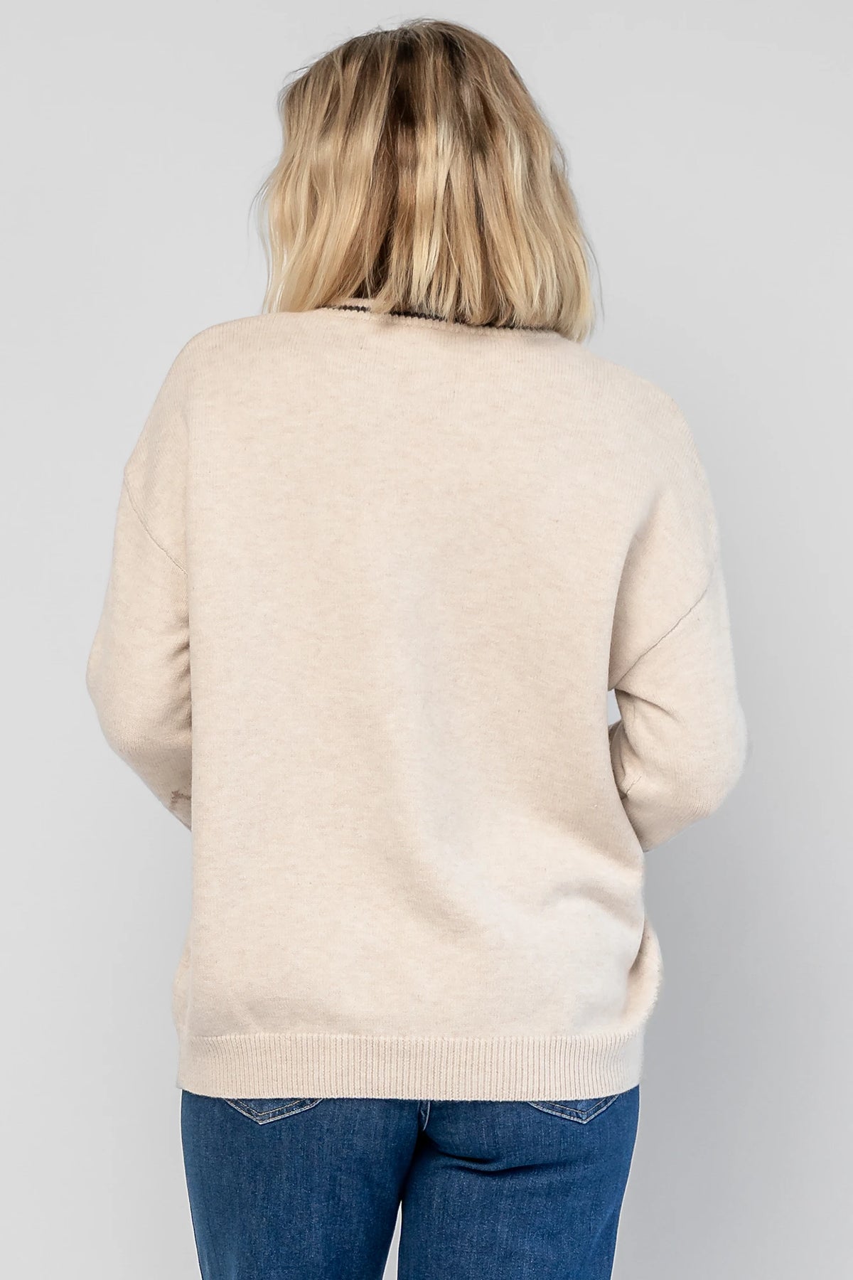 Oona Sweater in Natural with a buttery-soft knit, Fair Isle print, round neckline, and relaxed dropped-shoulder fit.